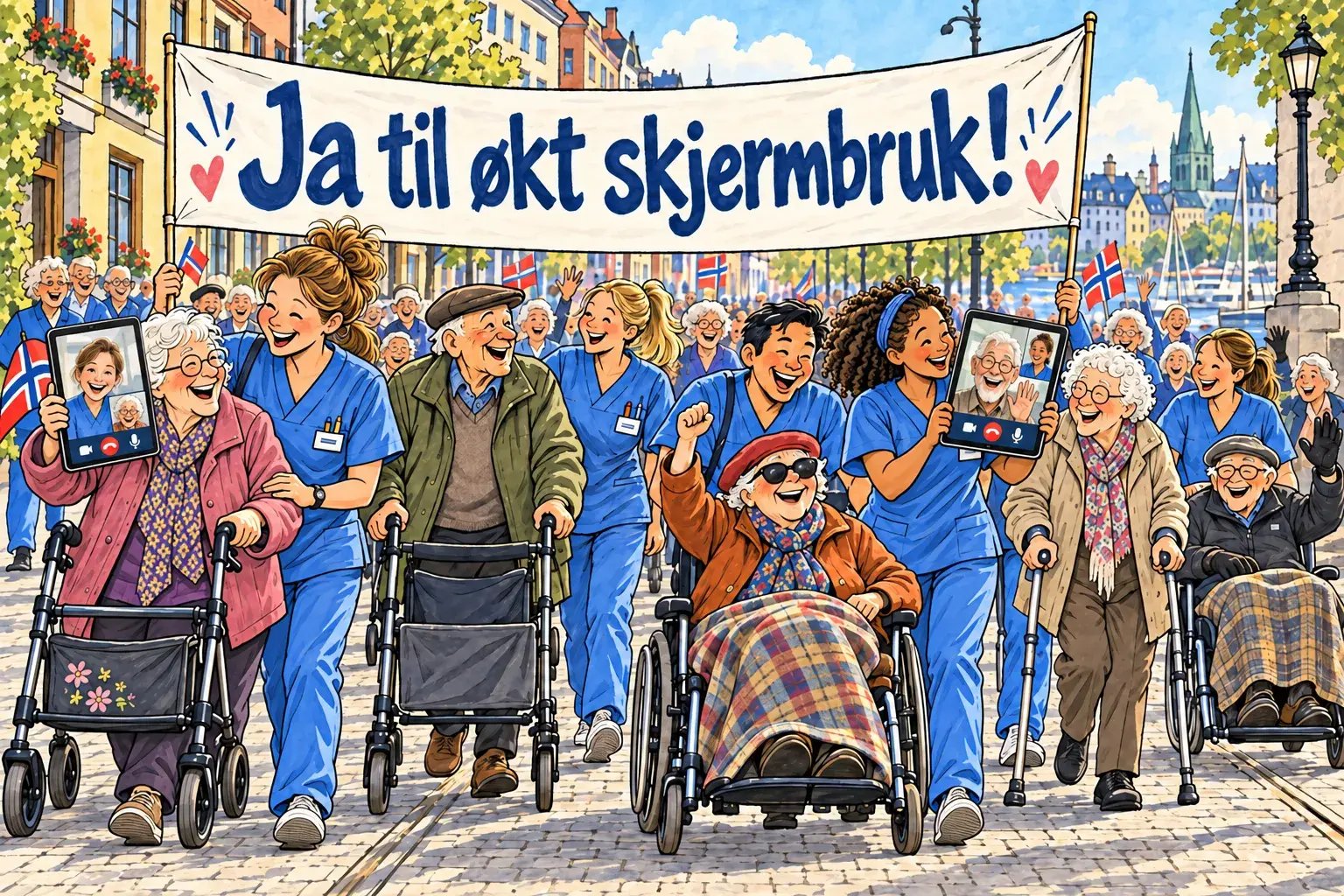 Tegnet illustrasjon av et opptog med eldre, rullatorer og helsepersonell under en banner med teksten «Ja til økt skjermbruk!»