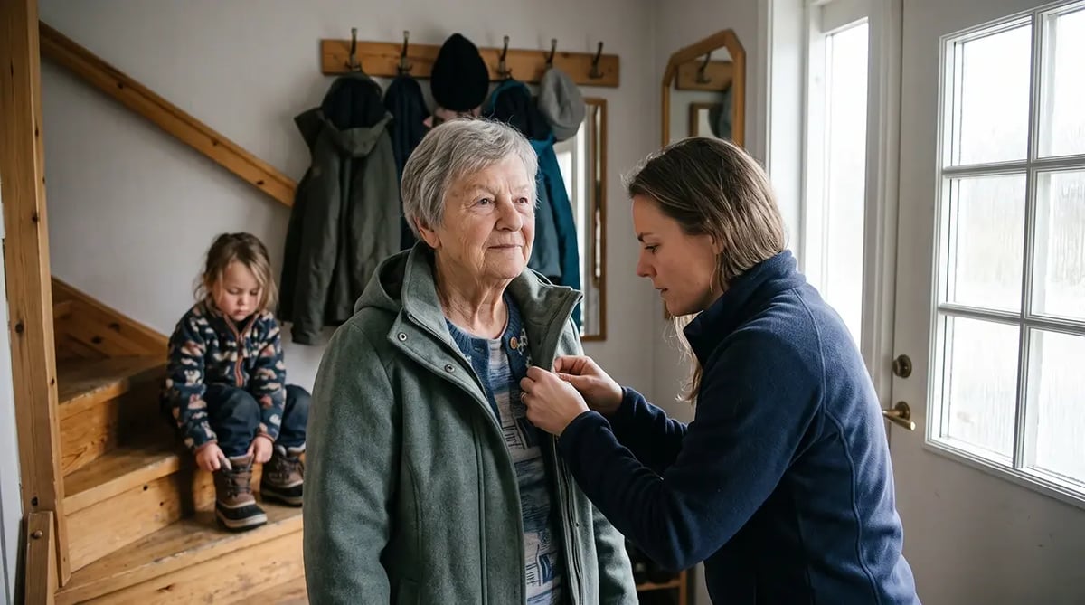 bilde av en datter som hjelper sin mor med å kle på seg